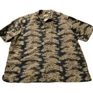 Caribbean Shirt Mens Size XL Bamboo Print Linen Rayon Tan Black Floral